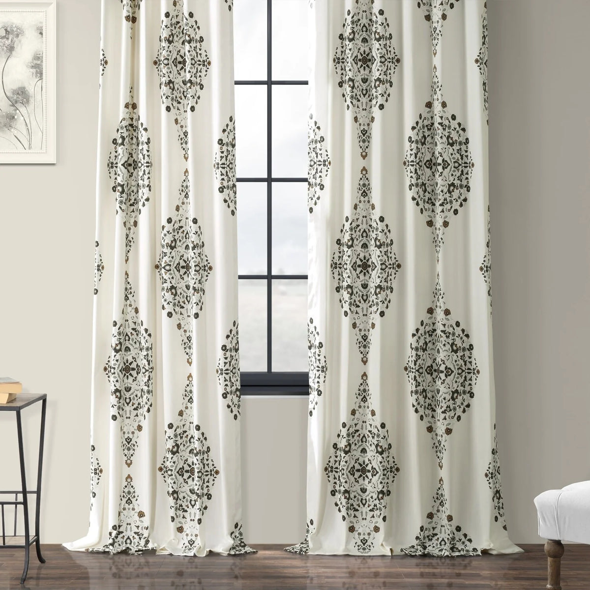 Medallion Damask Printed Cotton Room Darkening Curtain Panel, 1 Piece