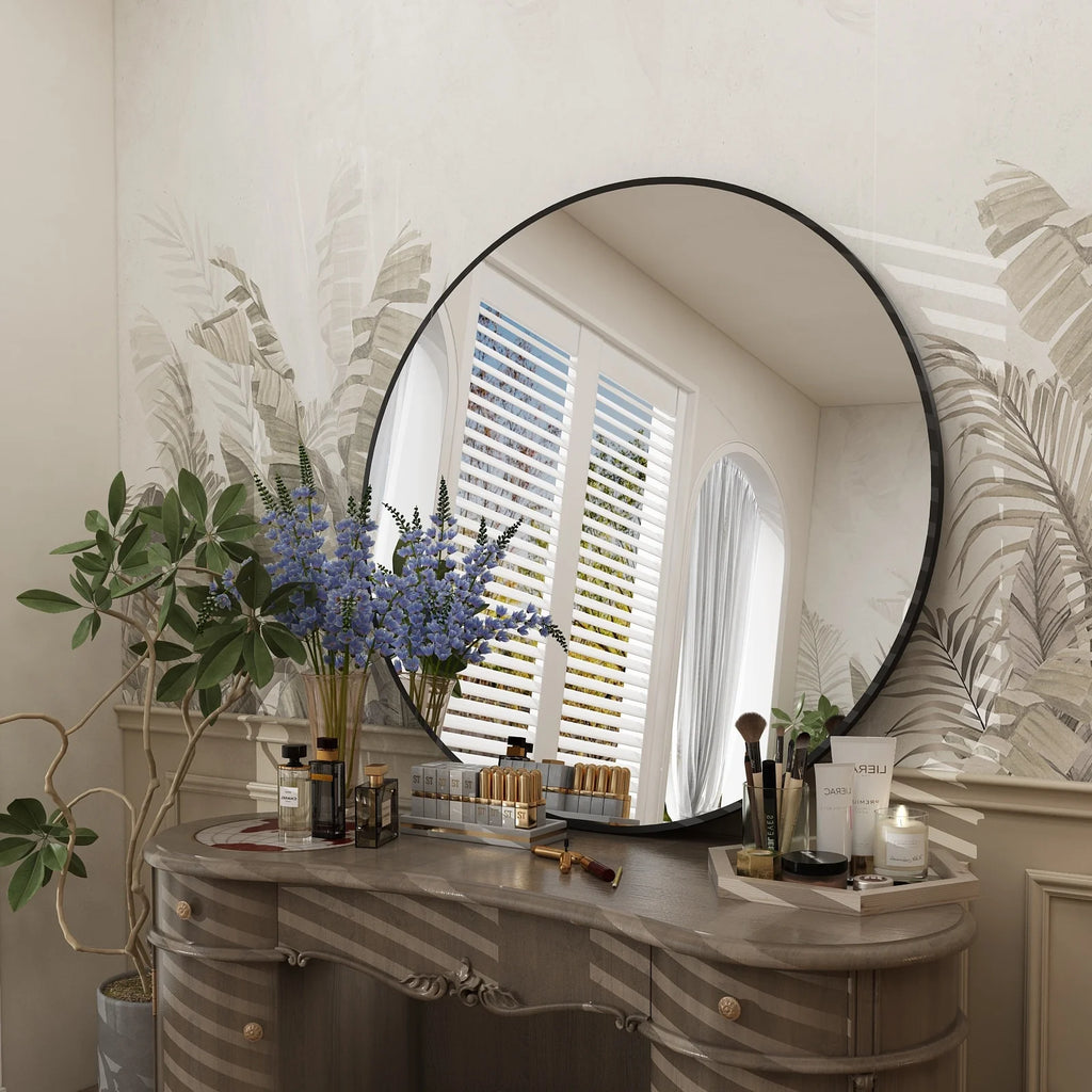 Round Metal Black Frame Bathroom Vanity Mirror, Wall Mounted Decorative Mirror