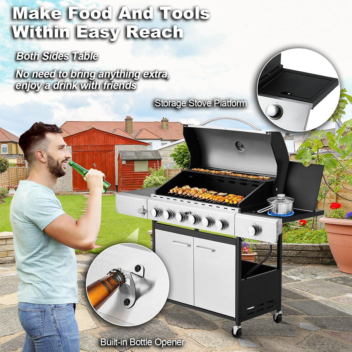 4-Burner Propane Gas Grill with Cast Iron Grates, Side Stove and 44,000 BTU Stainless Steel Burners