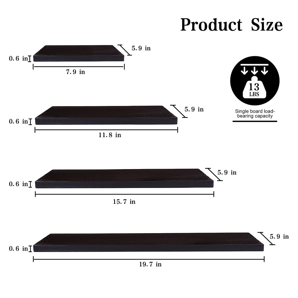 4-Piece Wood Floating Wall Shelves, White and Black Storage Shelf Set for Home Decor