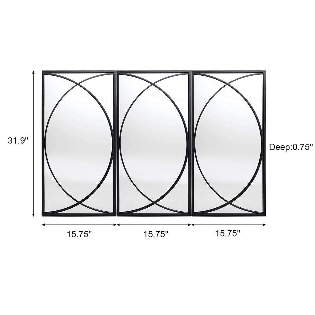 3-Piece Black Metal Rectangular Wall Mirror Set, 31.9" H x 15.75" W x 0.75" D