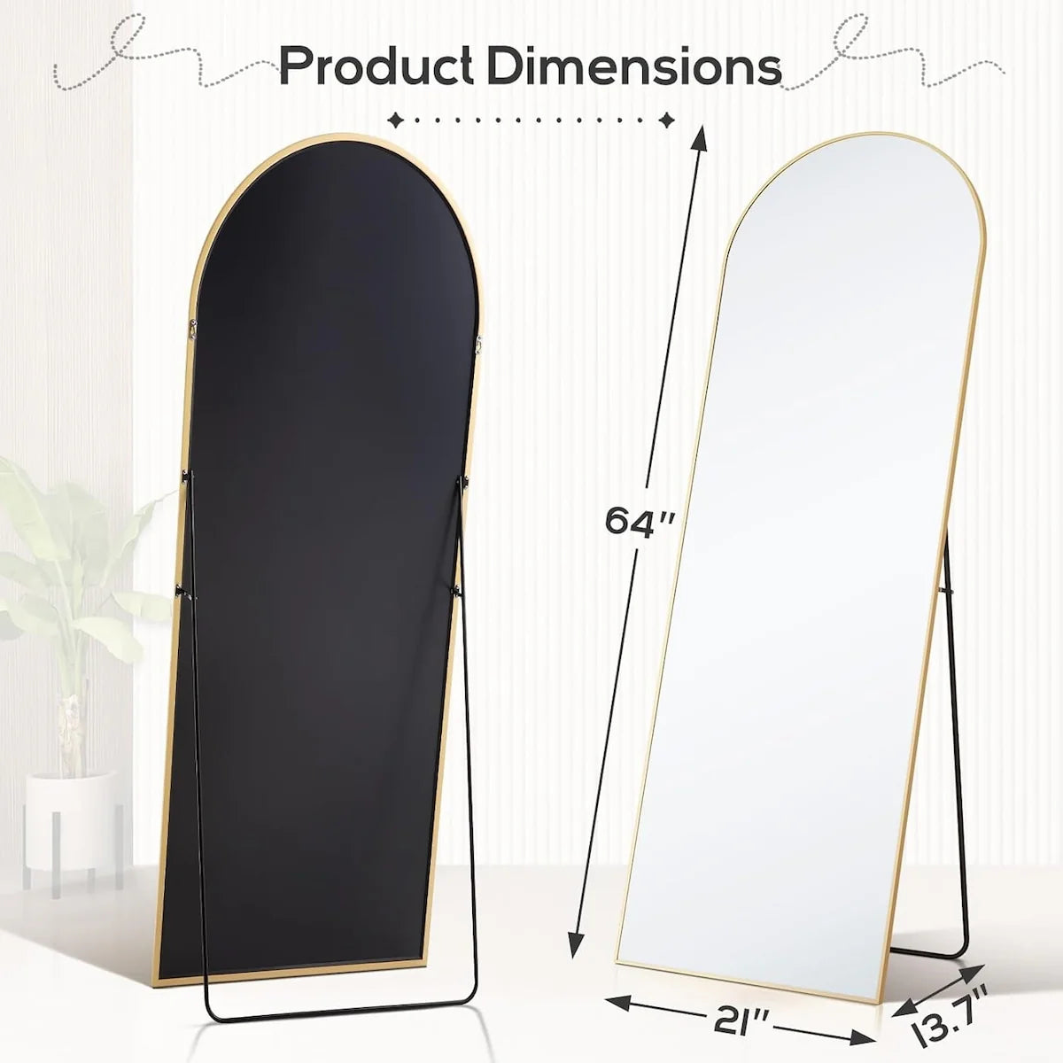 21x64 Arched Full-Length Mirror – Shatter-Proof Glass with Aluminum Alloy Stand