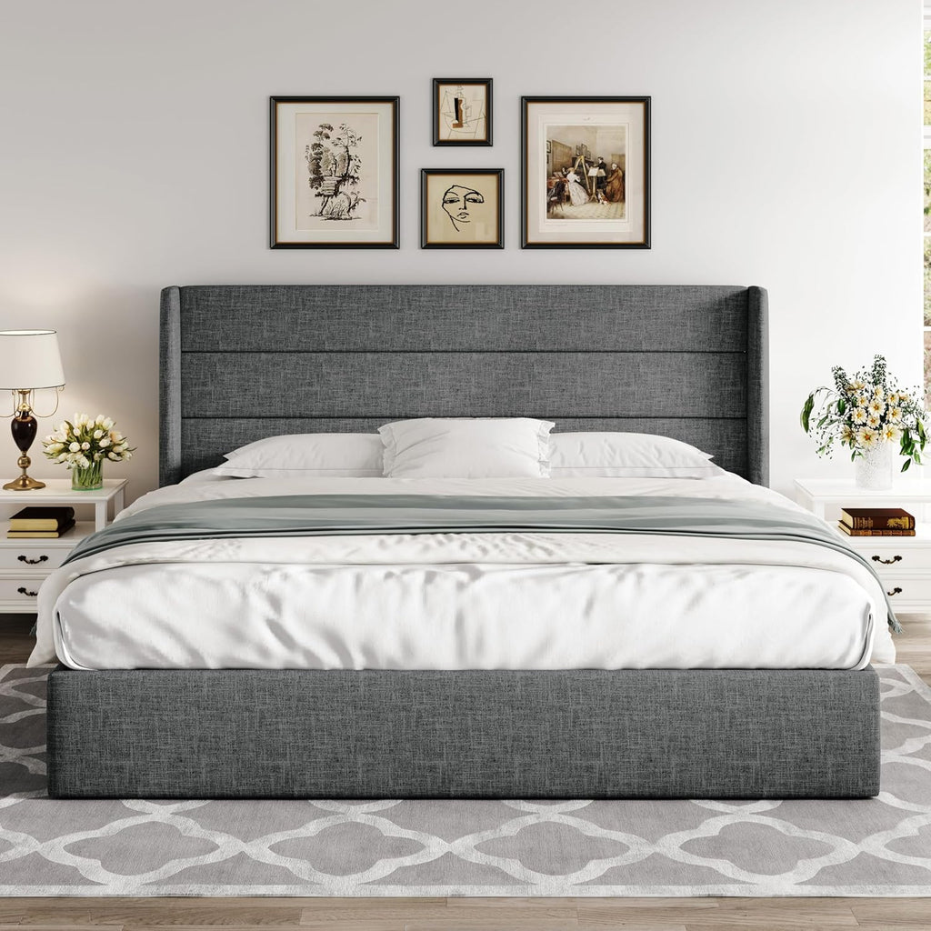 Queen Size Lift Up Storage Bed with Wingback Headboard, Upholstered Platform Bed Frame with Hidden Storage