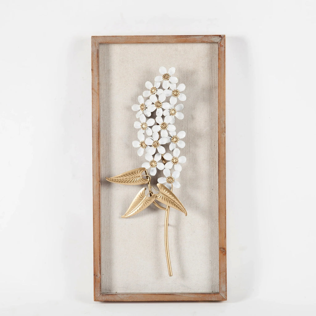 Set of 2 White and Gold Metal Flower Wall Decor with Wood Frames, Decorative Floral Wall Art
