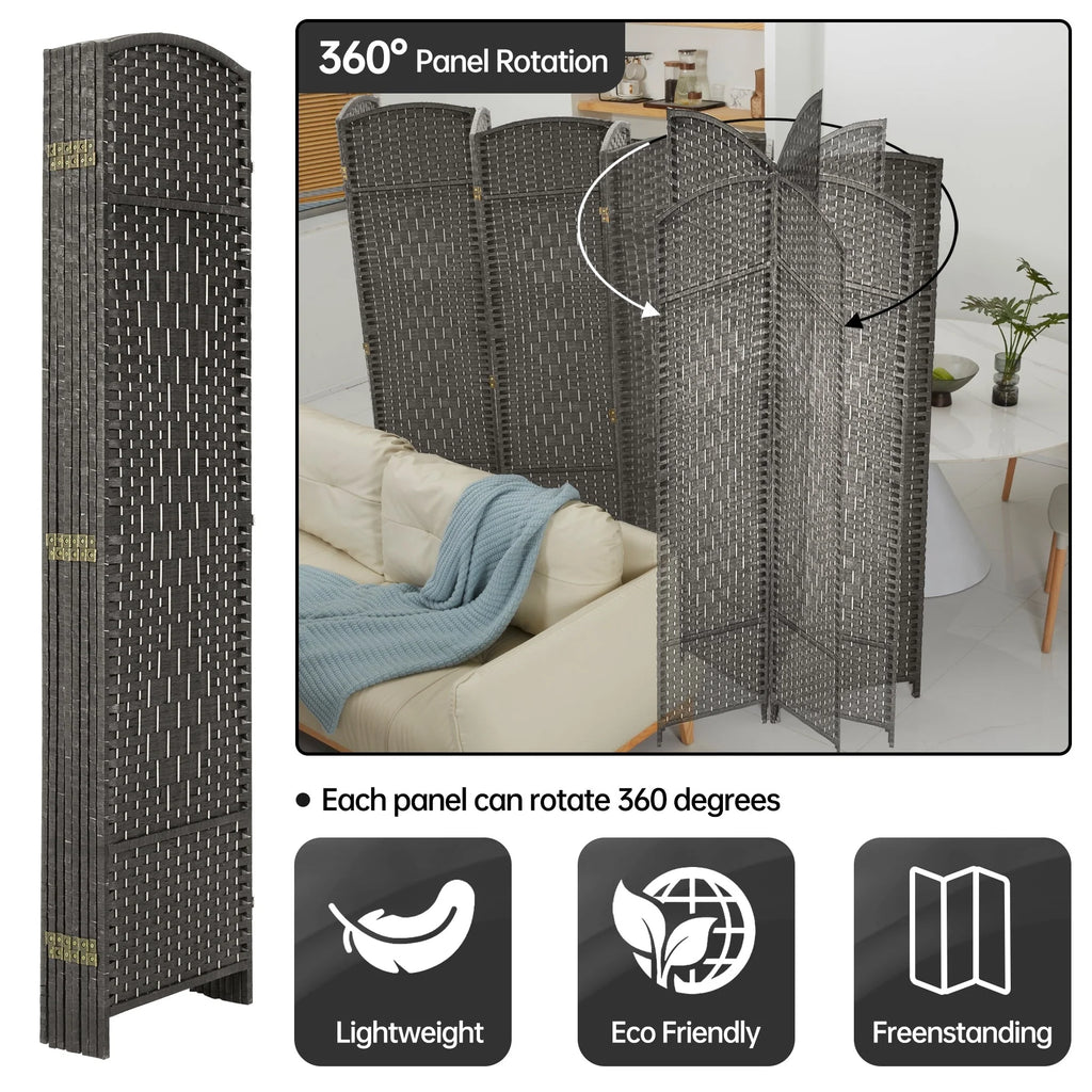 6 FT Tall Woven Fiber Room Divider, Freestanding Folding Privacy Screen