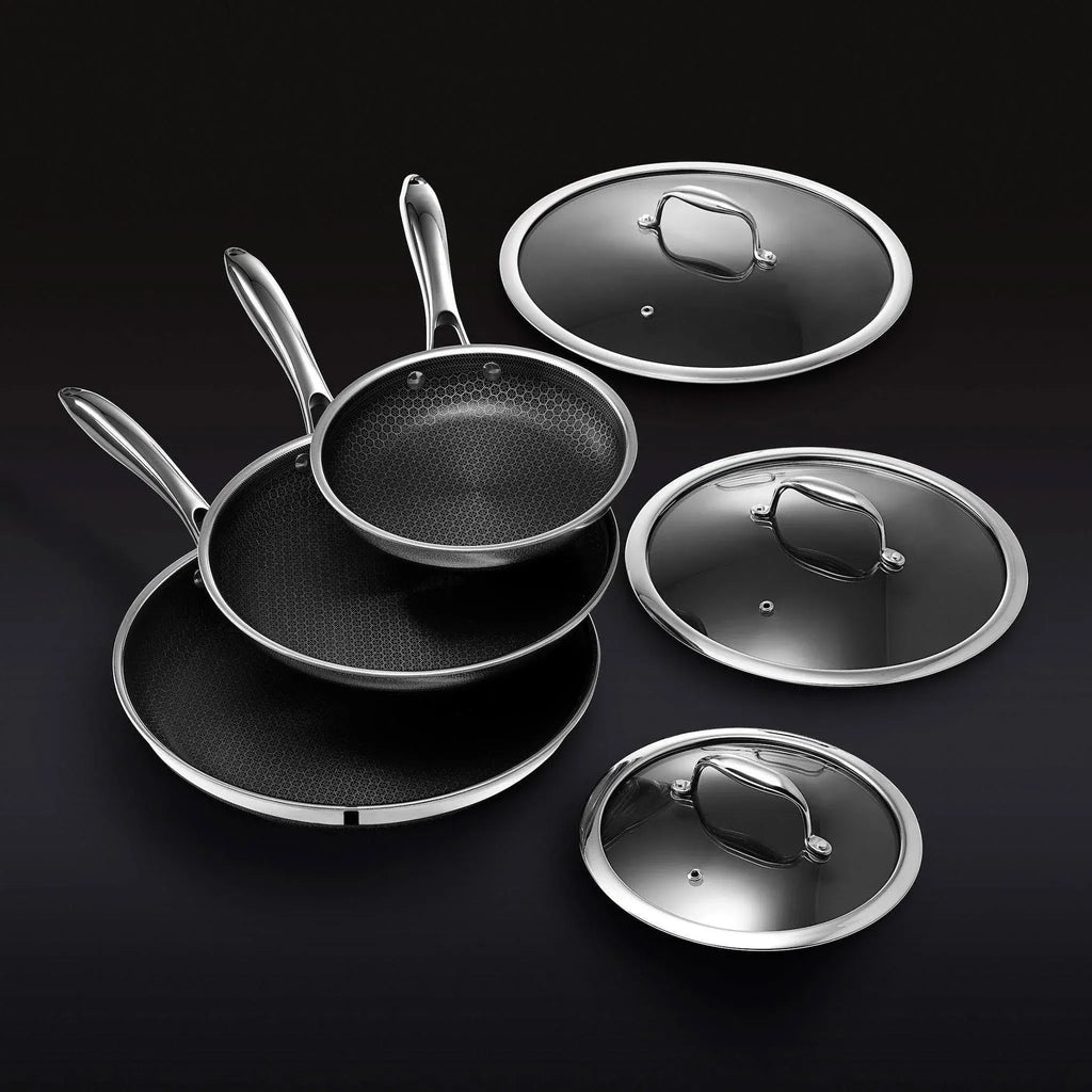 6-Piece Hybrid Stainless Steel Pan Set with Glass Lids, 8-Inch, 10-Inch and 12-Inch, Black