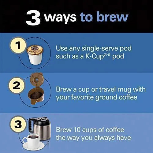 Programmable Thermal Coffee Maker, Single Serve and Full Pot, Compatible with Pods or Grounds, Black and Stainless