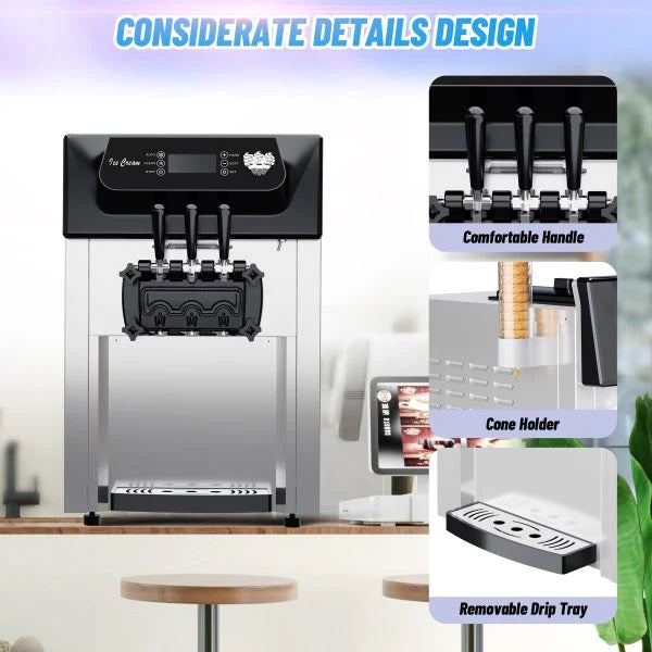 2200W 3-Flavor Soft Serve Ice Cream Machine, 5.3–7.4 Gal/Hr, LCD Touch Screen, Automatic Cleaning