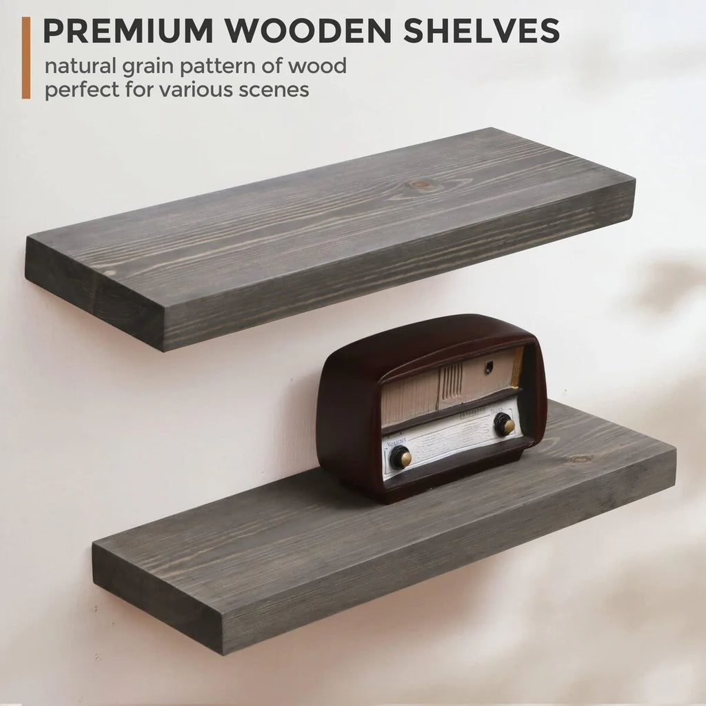 Set of 2 Handcrafted European Pine Floating Wall Shelves, Natural Rustic Wood