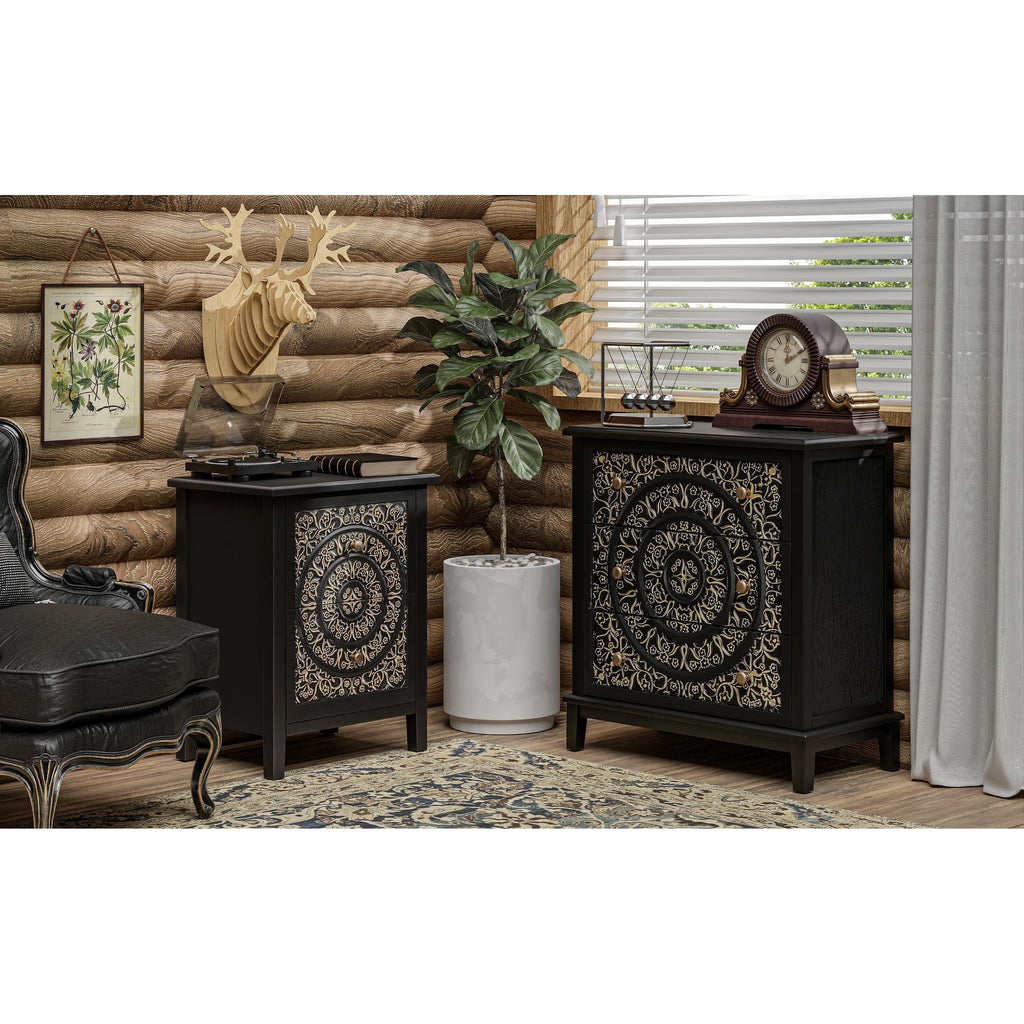 Farmhouse Fully Assembled Nightstand with 2 Drawers, Flower Motif End Table for Small Spaces