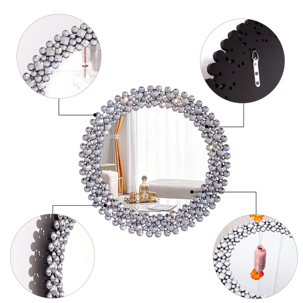 Modern Round Wall Mirror, Crystal Accent Decorative Mirror for Living Room, Bedroom and Entryway