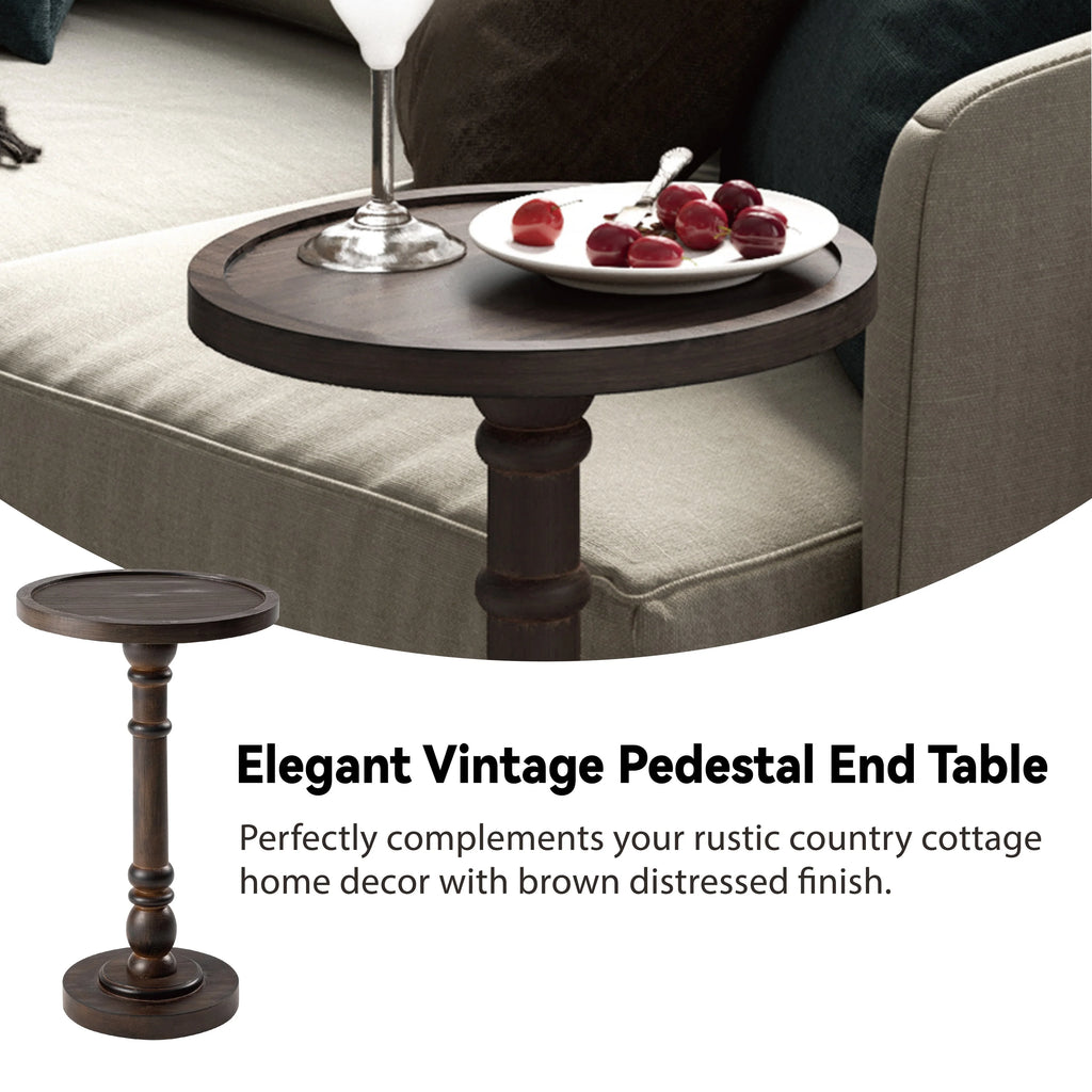 Small Pedestal End Table with Tray Top, Farmhouse Distressed Finish Accent Table