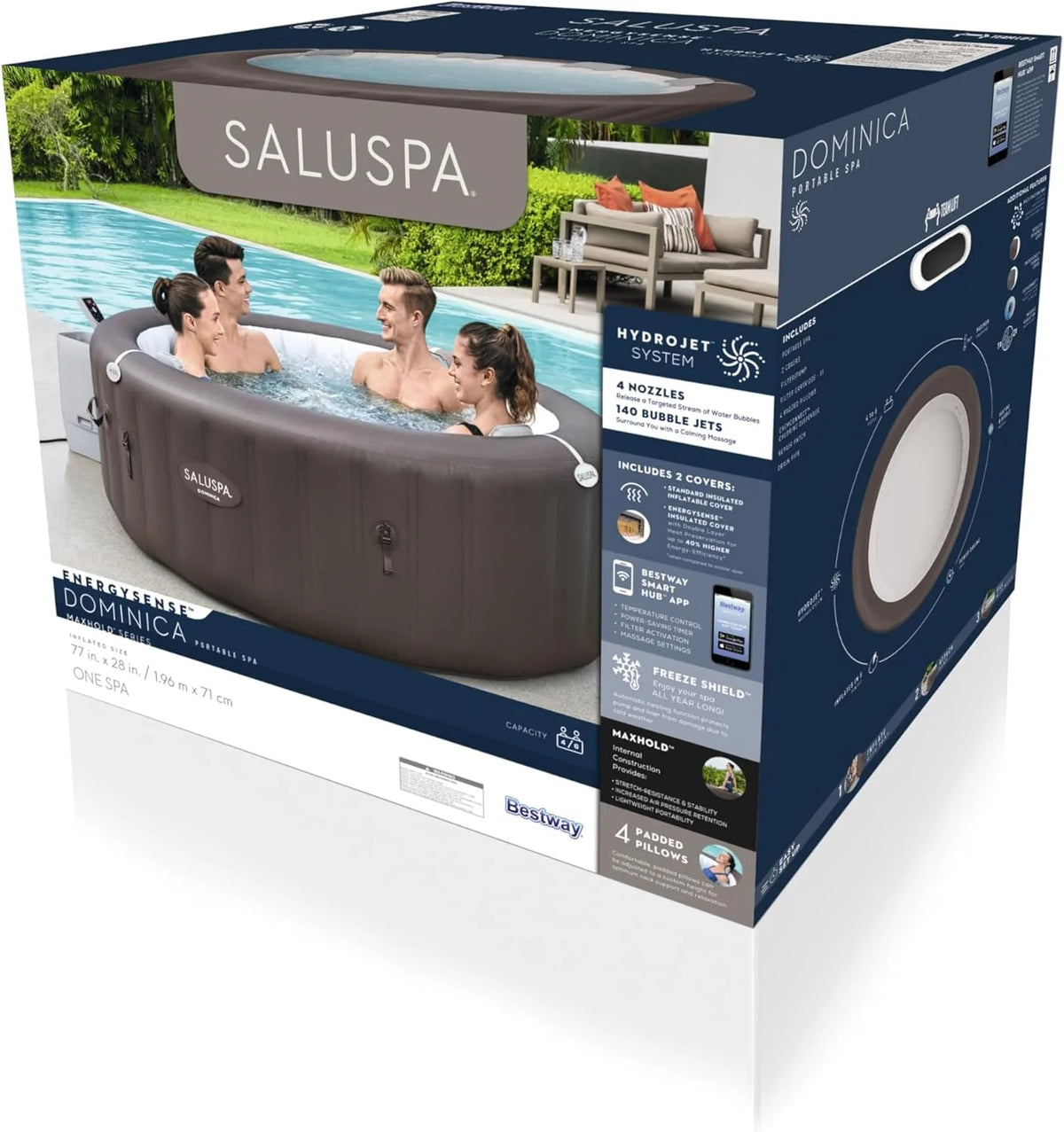 71 x 26-Inch Inflatable Hot Tub Spa for 2-4 Persons, Portable, with 2 Covers, Black