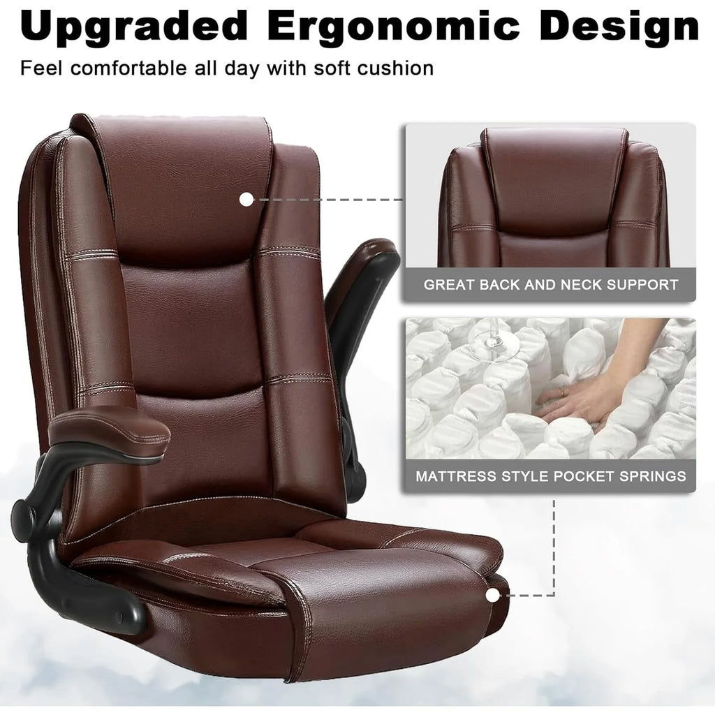 Big and Tall Ergonomic Office Chair, High Back Leather Executive Computer Chair with Padded Flip-Up Arms