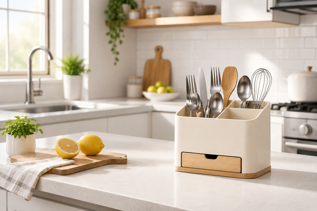 2-Compartment Silverware Holder with Bamboo Drain Drawer