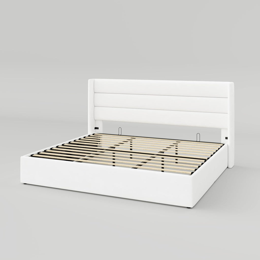 Queen Size Lift Up Storage Bed with Wingback Headboard, Upholstered Platform Bed Frame with Hidden Storage