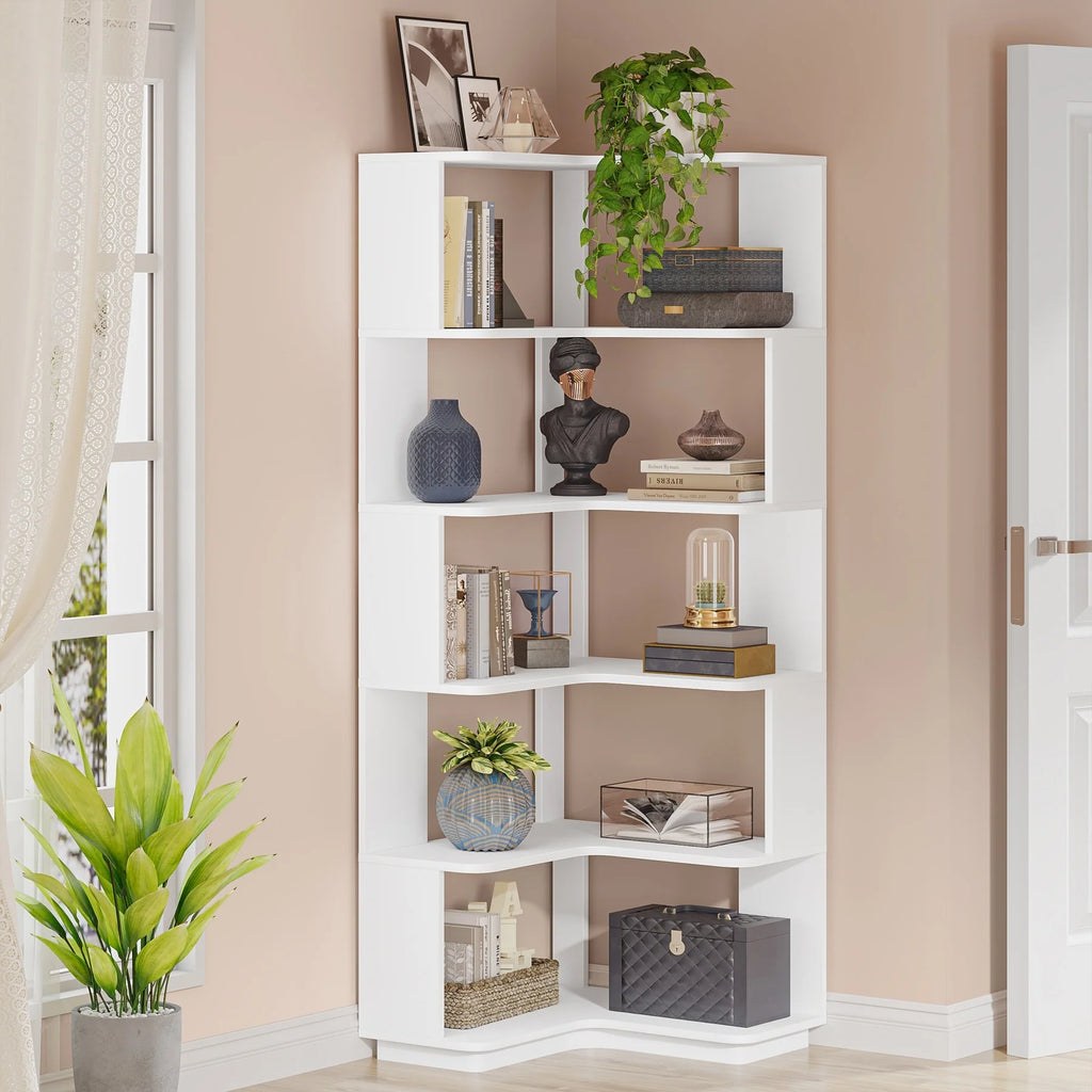64.9 Inch Tall 6-Tier Corner Bookshelf, Freestanding Wood Industrial Bookcase