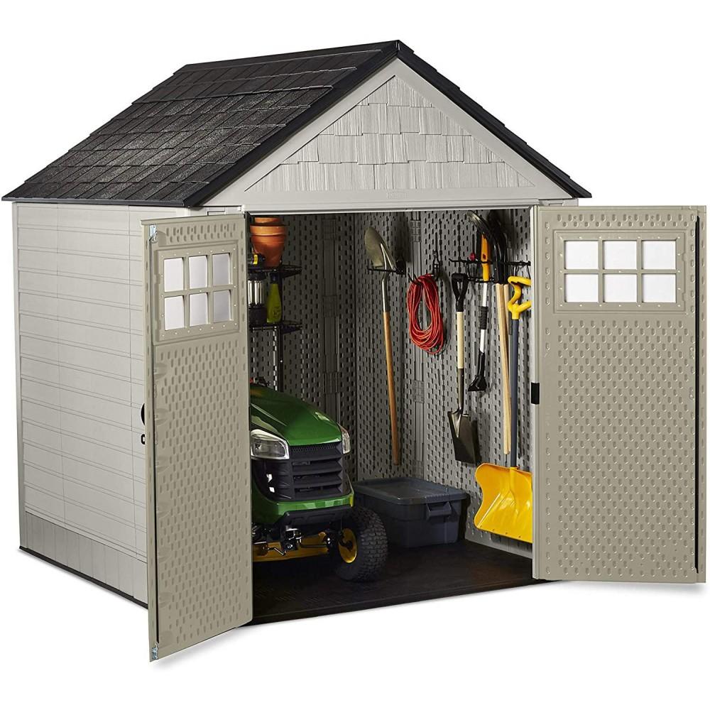 7 x 7-Ft. Resin Outdoor Garden Storage Shed with Windows and Utility Hooks, Sand