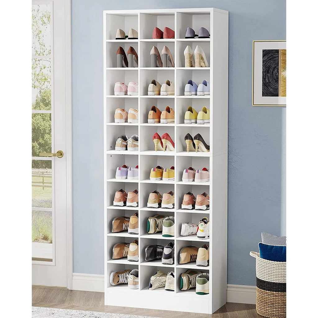 10-Tier Tall Shoe Cabinet, 30-Pair White Wood Shoe Storage Rack for Entryway and Closet