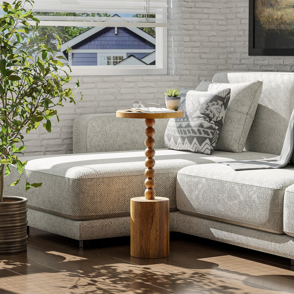 Wood Pedestal End Table, Round Martini Drink Table for Small Spaces, Living Room and Bedroom