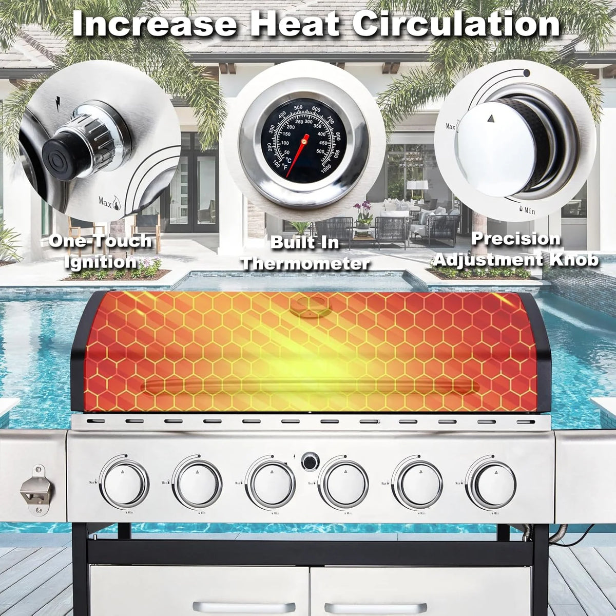 4-Burner Propane Gas Grill with Cast Iron Grates, Side Stove and 44,000 BTU Stainless Steel Burners