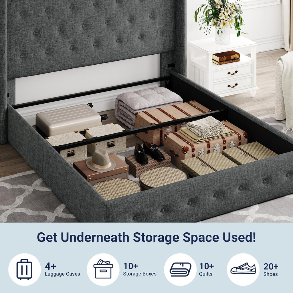 Queen Size Lift Up Storage Bed with Wingback Headboard, Upholstered Platform Bed Frame with Hidden Storage