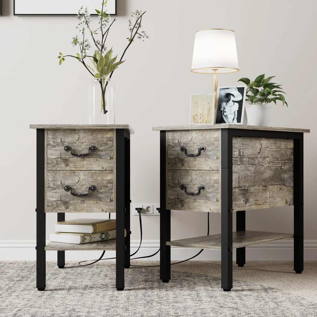 Narrow End Table with Charging Station, Chairside Table with Drawers, USB Ports and Power Outlets