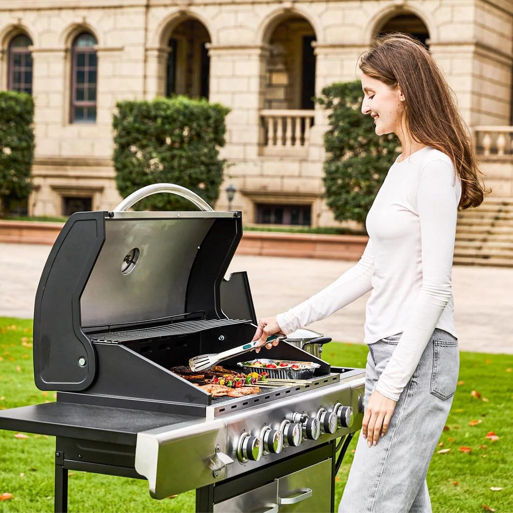 4-Burner Propane Gas Grill with Cast Iron Grates, Side Stove and 44,000 BTU Stainless Steel Burners