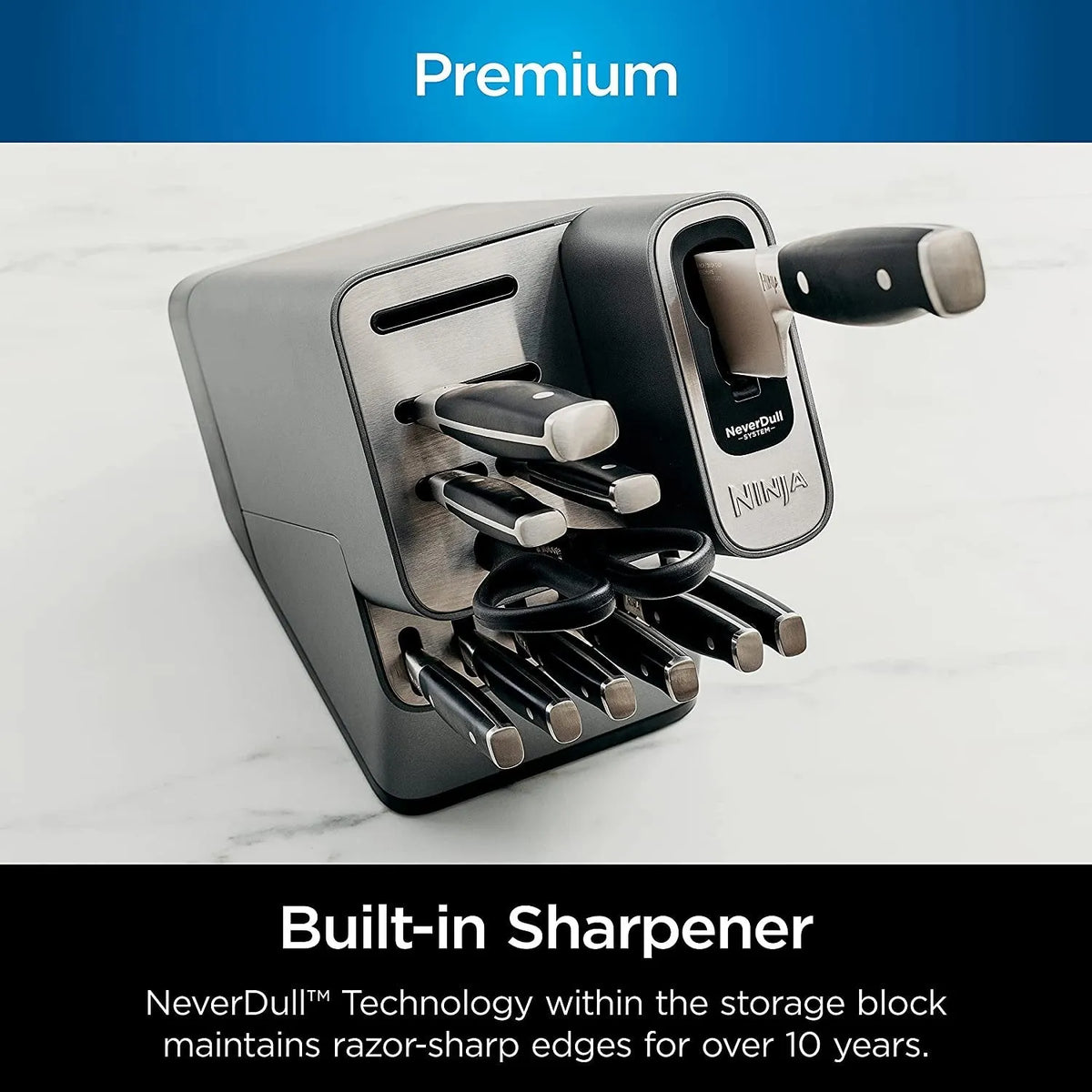 17-Piece Premium Knife Block Set with Built-In Sharpener, Stainless Steel/Black