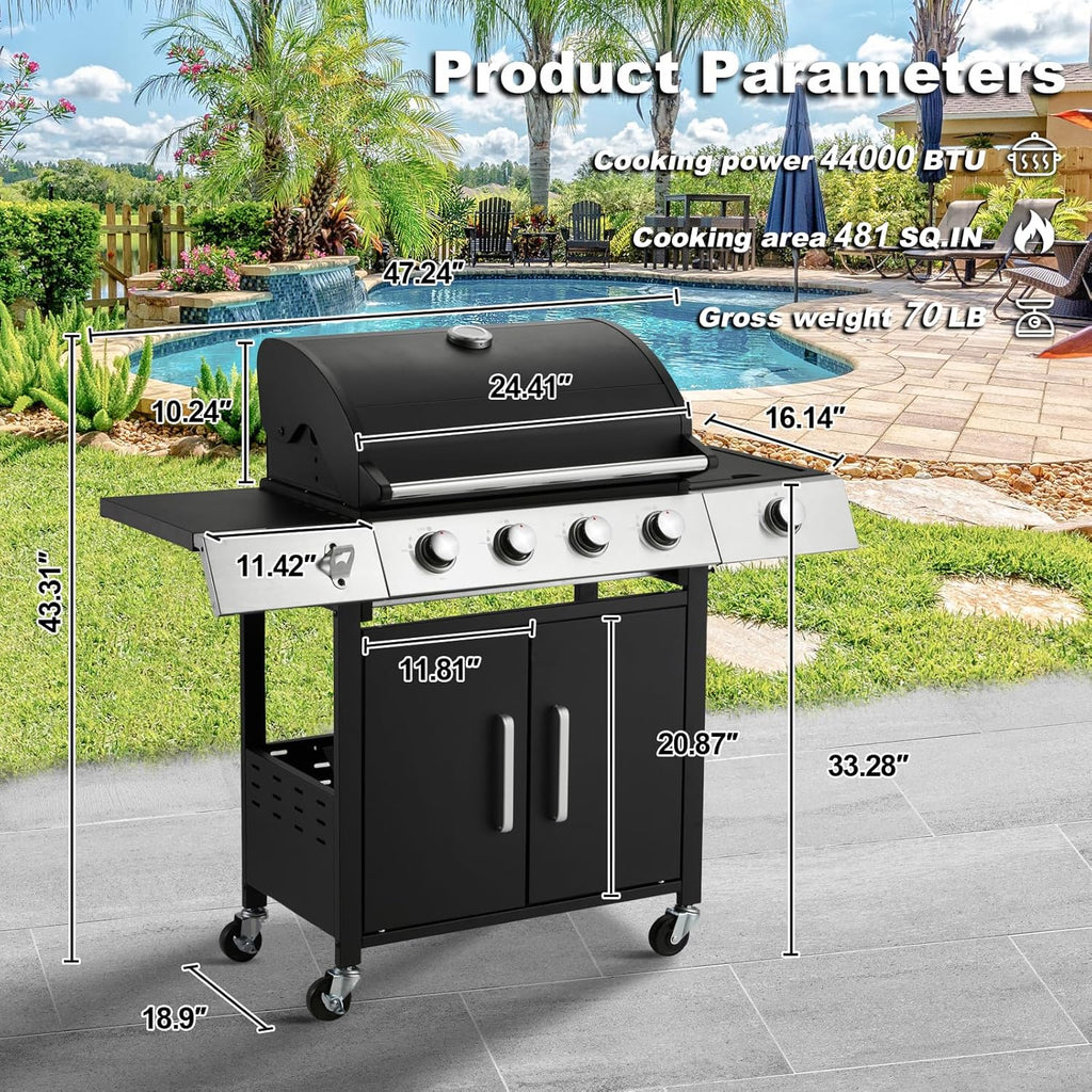 4-Burner Propane Gas Grill with Cast Iron Grates, Side Stove and 44,000 BTU Stainless Steel Burners