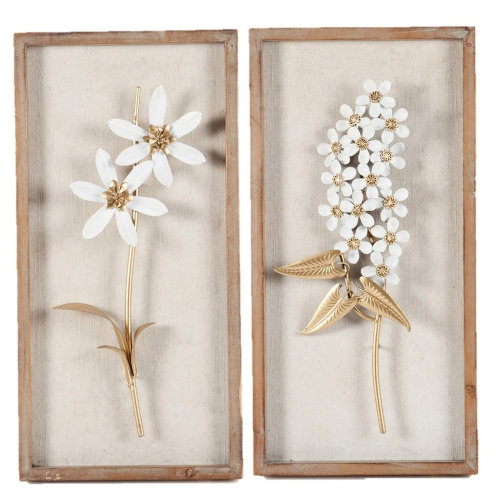 Set of 2 White and Gold Metal Flower Wall Decor with Wood Frames, Decorative Floral Wall Art
