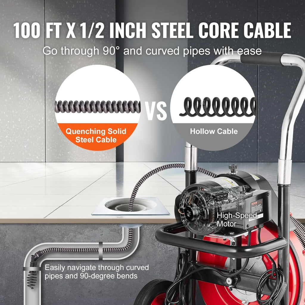 550W Drain Cleaning Machine, 100-Ft. x 1/2-Inch Sewer Snake Auger with 8 Cutters, Wheels and Foot Switch, for 2-4-Inch Pipes