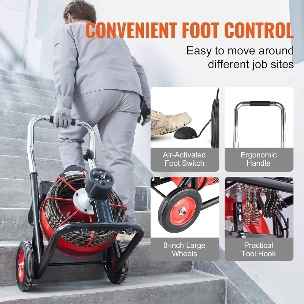 550W Drain Cleaning Machine, 100-Ft. x 1/2-Inch Sewer Snake Auger with 8 Cutters, Wheels and Foot Switch, for 2-4-Inch Pipes