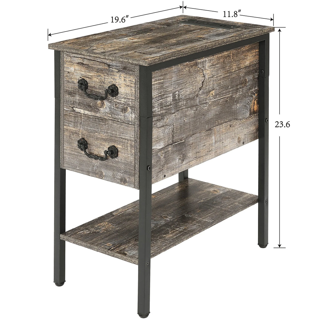Narrow End Table with Charging Station, Chairside Table with Drawers, USB Ports and Power Outlets