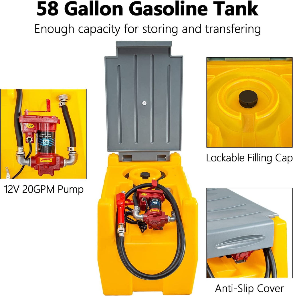 58-Gallon Portable Gasoline Fuel Tank with 12V Electric Transfer Pump, 40 GPM, 4-Meter Hose, Yellow