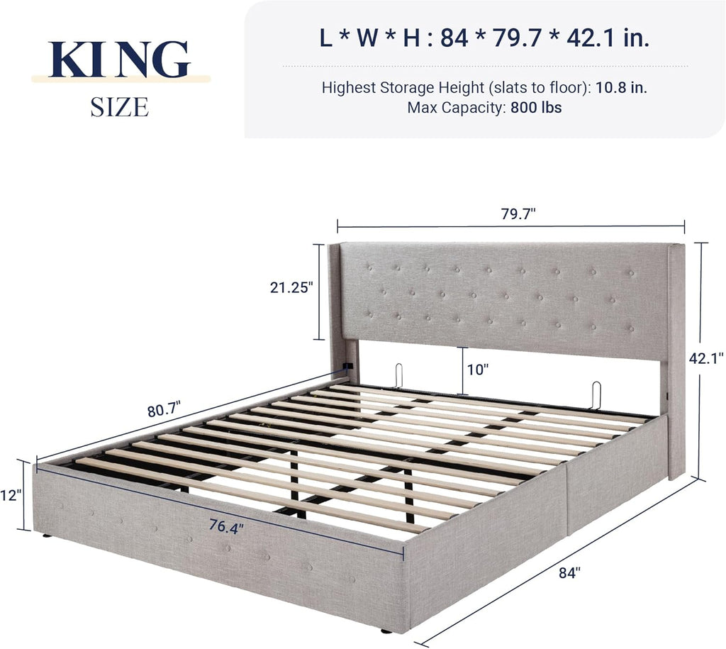 Queen Size Lift Up Storage Bed with Wingback Headboard, Upholstered Platform Bed Frame with Hidden Storage