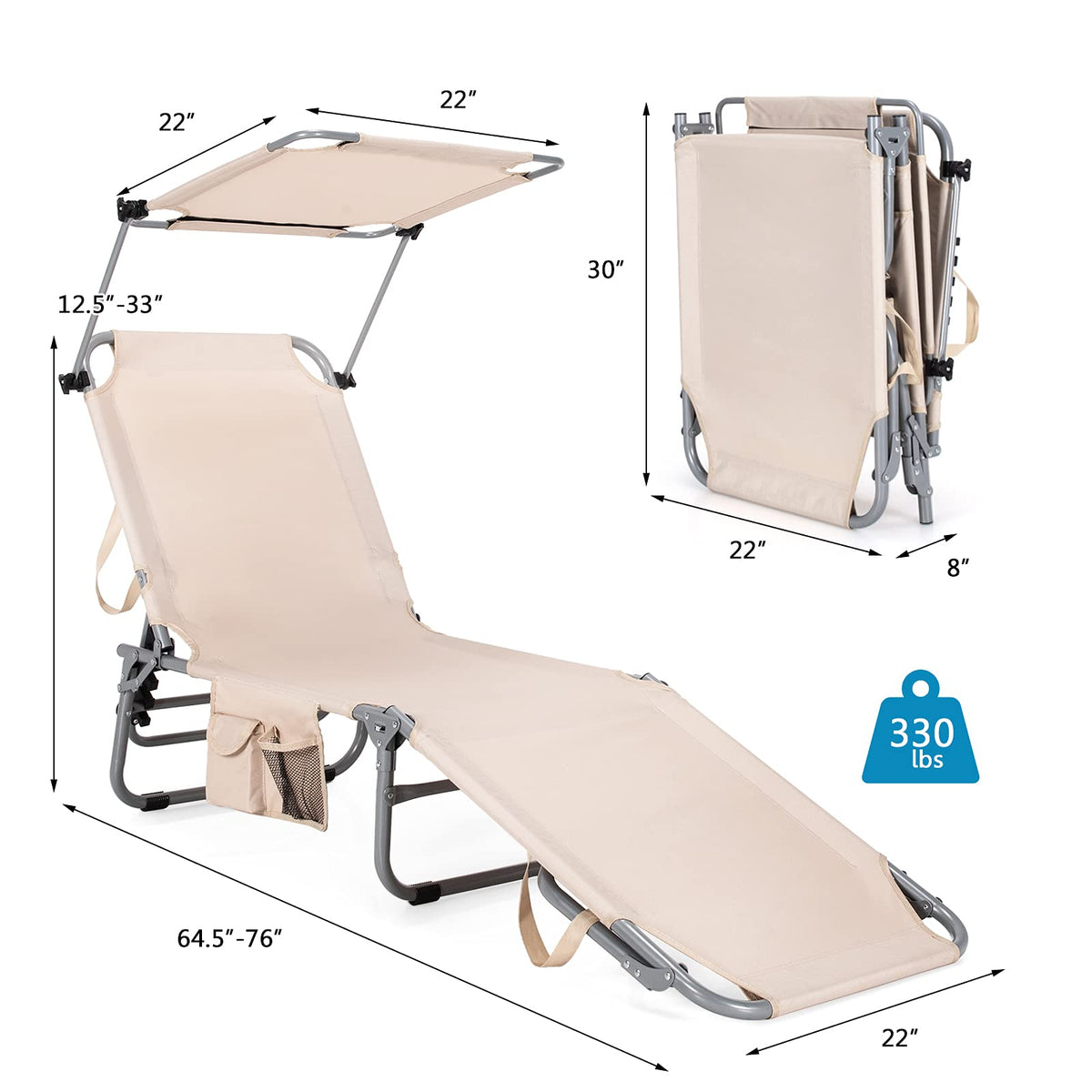 Folding Lounge Chair with Canopy – Shade Chair with Storage Pocket