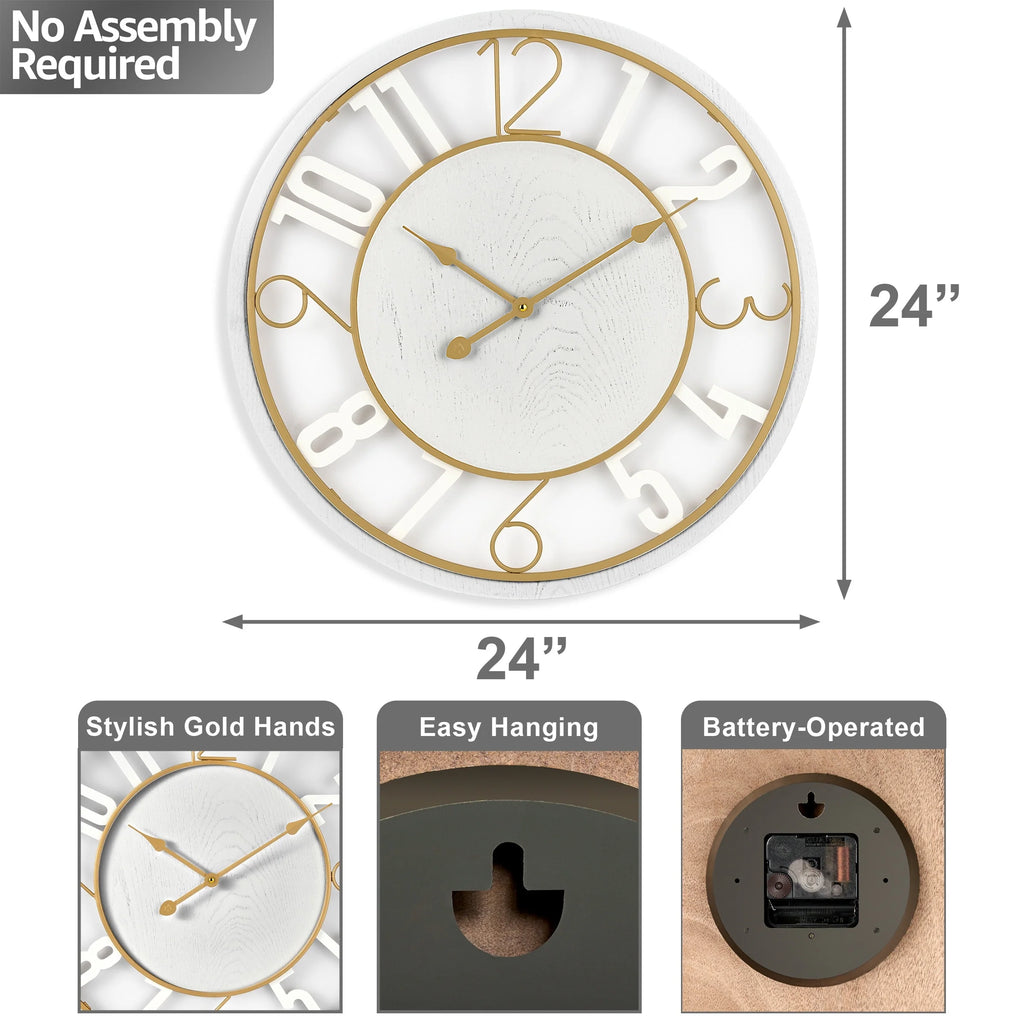 24 Inch Round Wooden Wall Clock, Modern Analog Clock with Numeral Design, Battery Operated