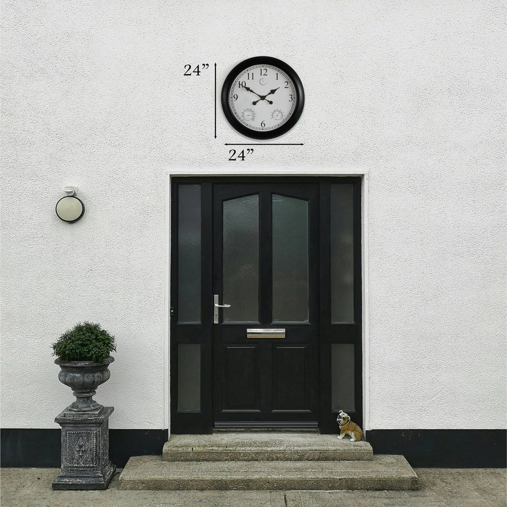 Large Outdoor Wall Clock with Thermometer, Waterproof Silent Garden Weather Station, Black