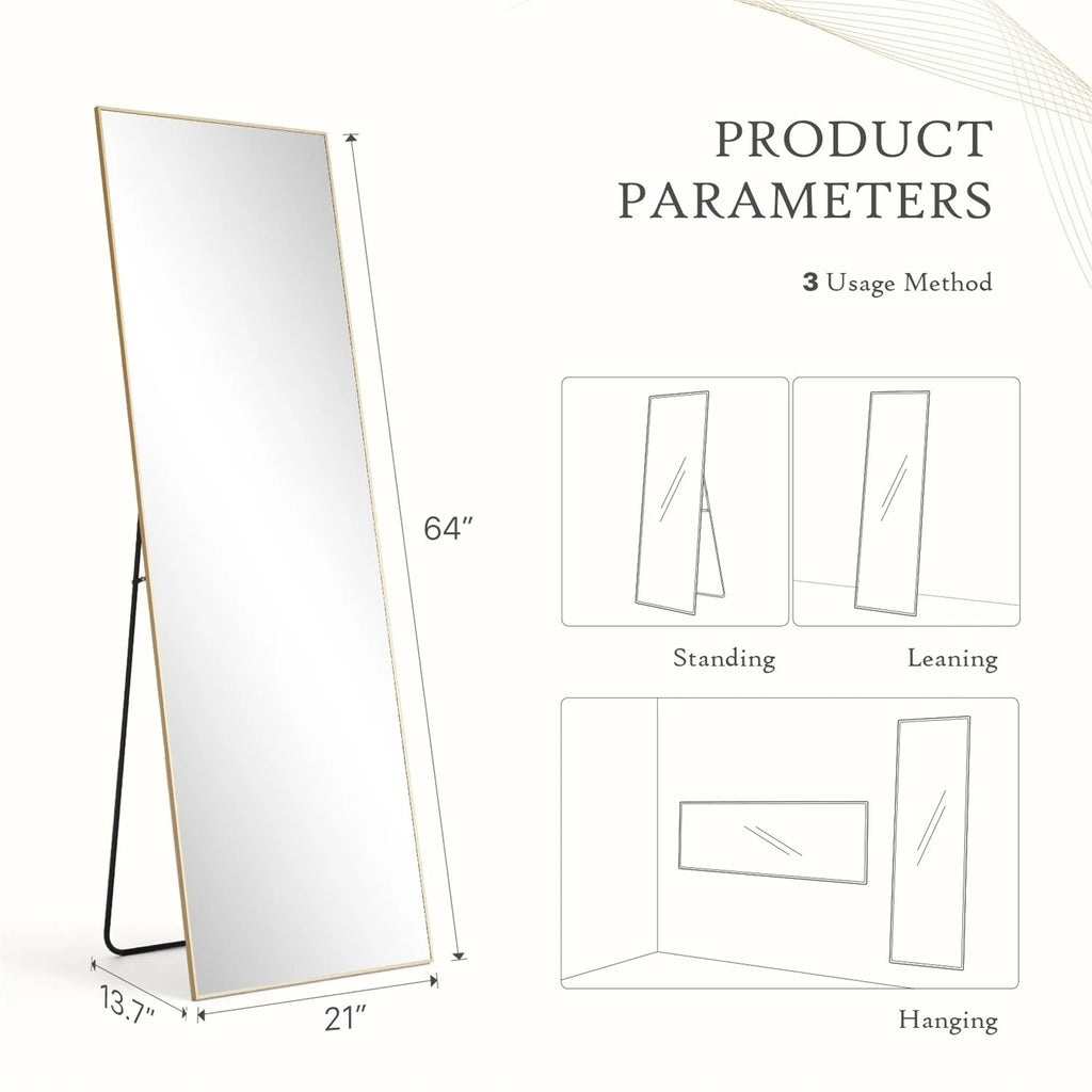 Full Length Mirror with Stand, Aluminum Alloy Frame Full Body Floor Mirror for Bedroom and Cloakroom