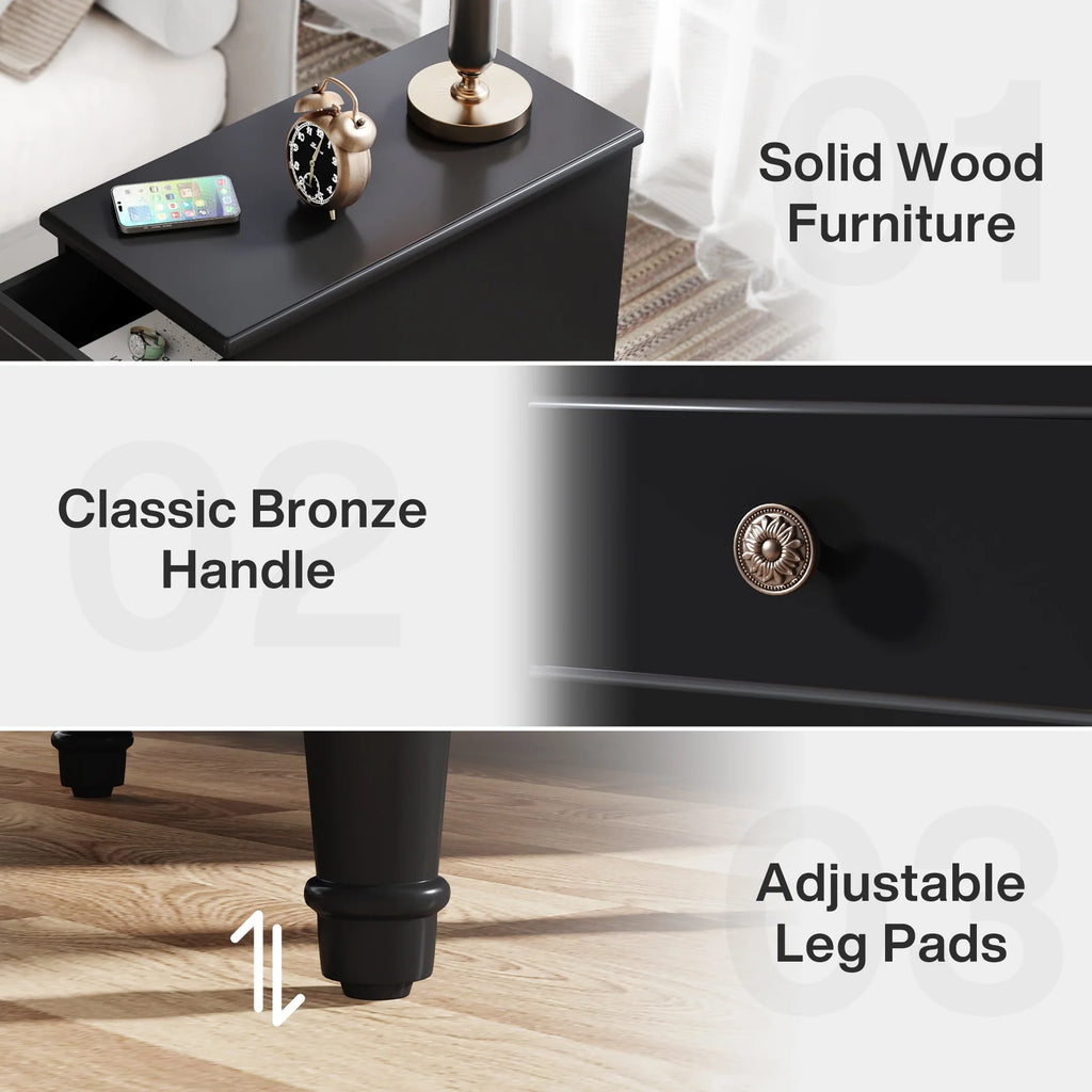 Fully Assembled Narrow End Table, Solid Wood Side Table with 3 Drawers, Vintage Nightstand for Small Spaces
