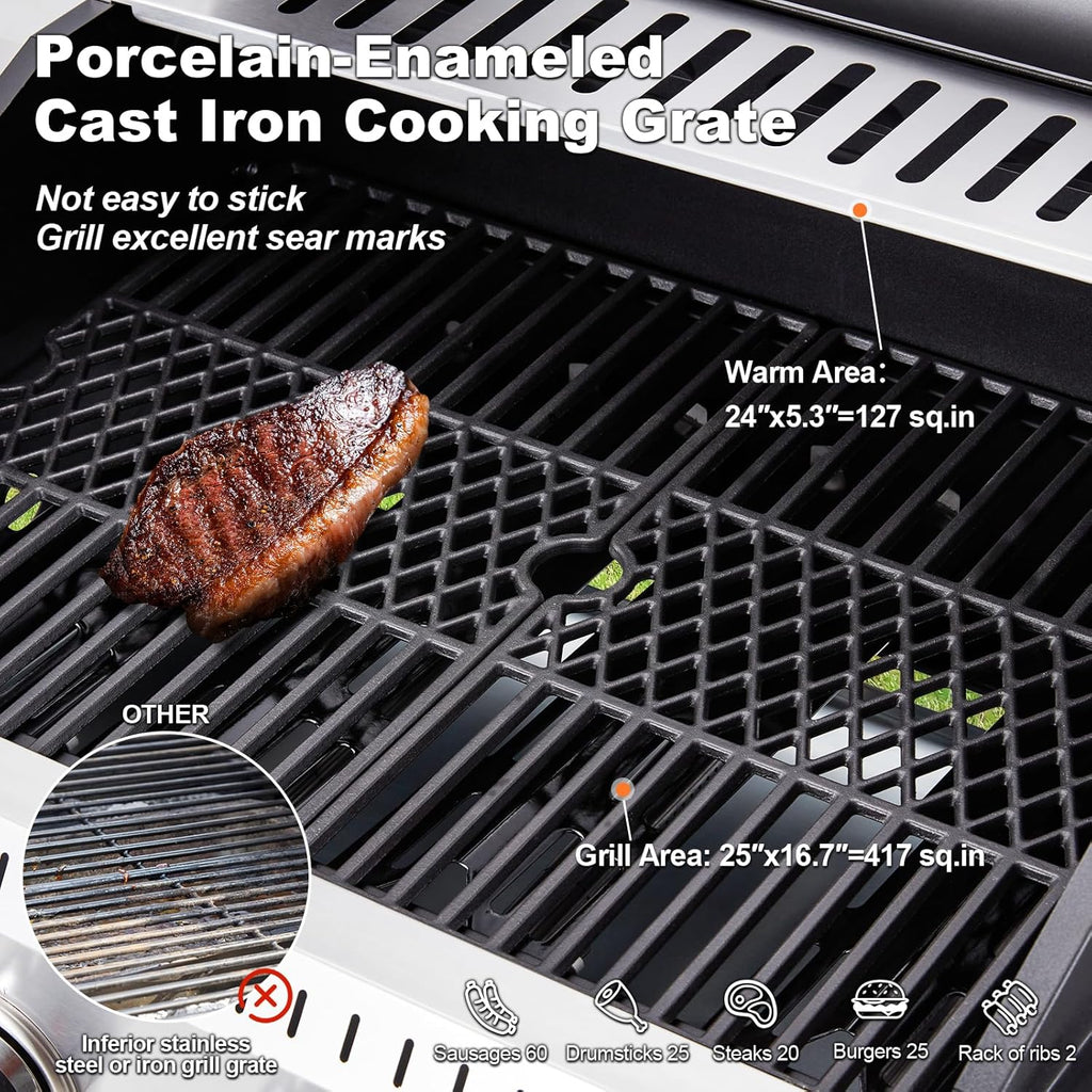 4-Burner Propane Gas Grill with Cast Iron Grates, Side Stove and 44,000 BTU Stainless Steel Burners