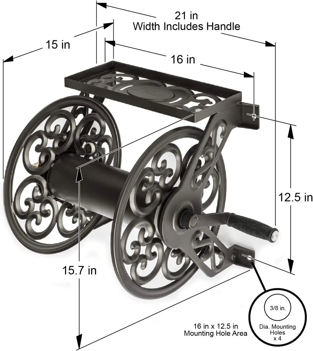 Steel Decorative Wall-Mount Garden Hose Reel, Bronze Outdoor Hose Storage Holder
