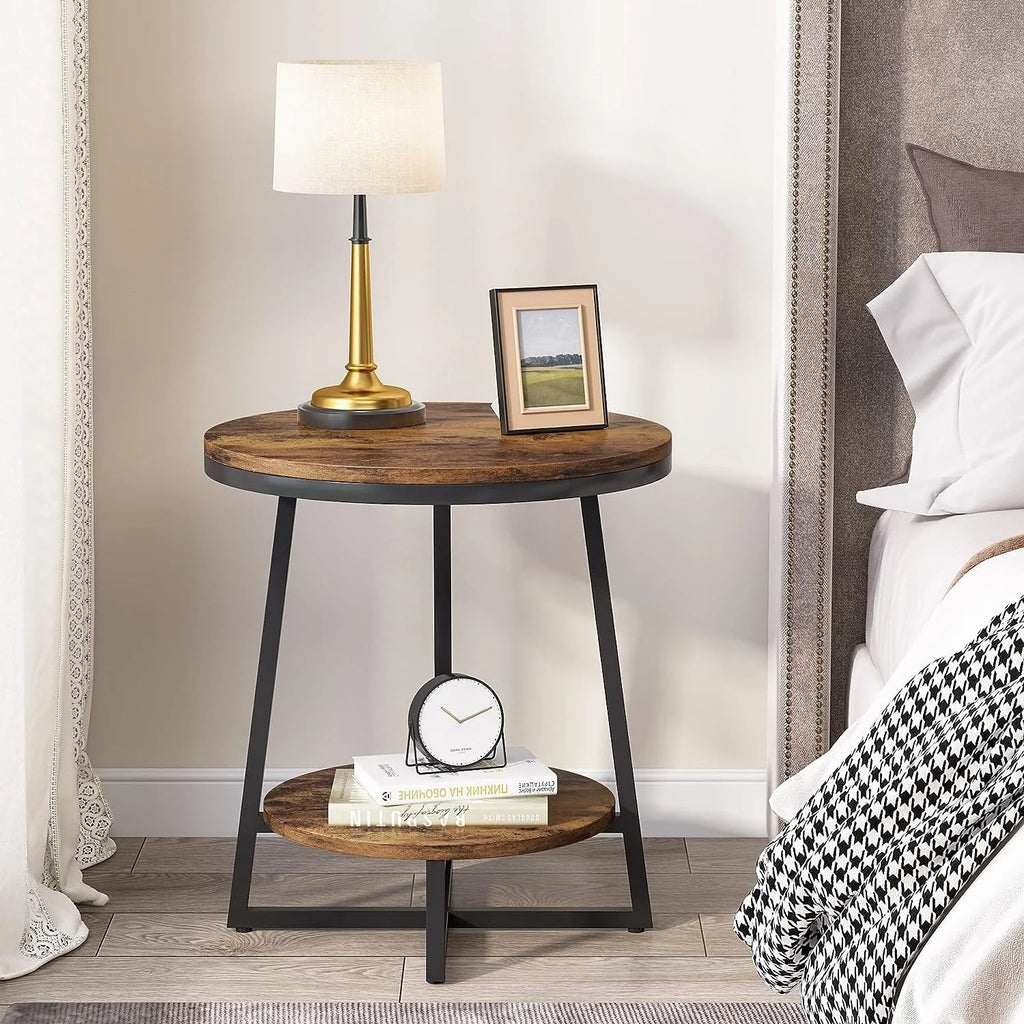 Industrial Round End Table, Small Side Table and Accent Coffee Table for Living Room and Bedroom