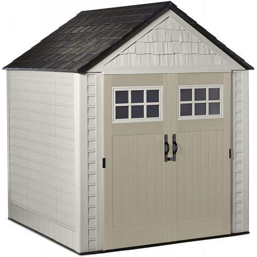 7 x 7-Ft. Resin Outdoor Garden Storage Shed with Windows and Utility Hooks, Sand
