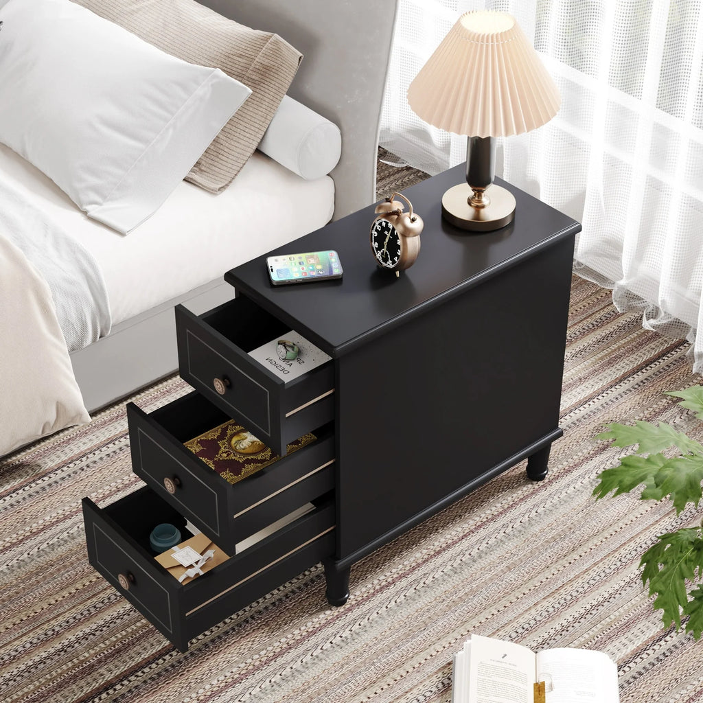 Fully Assembled Narrow End Table, Solid Wood Side Table with 3 Drawers, Vintage Nightstand for Small Spaces