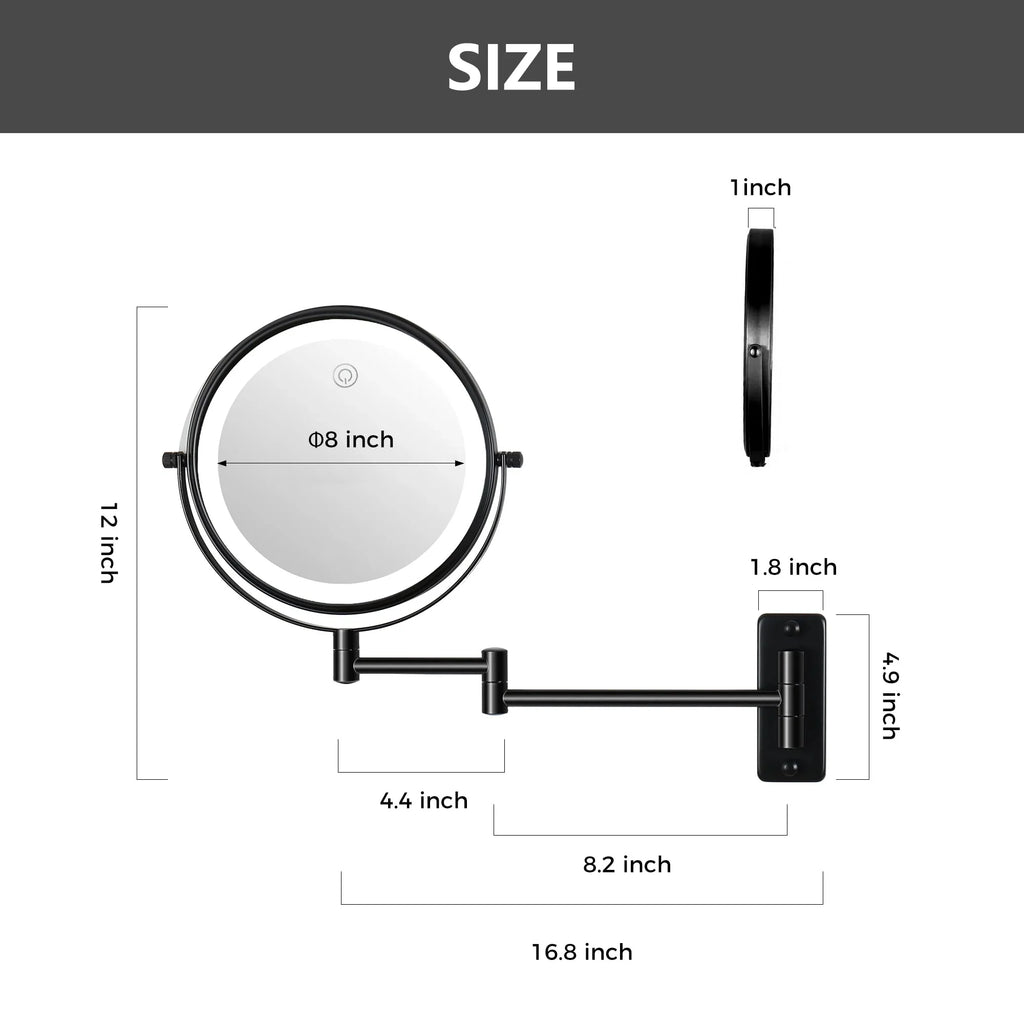 8 Inch Round Wall Mounted Makeup Mirror, Rechargeable, 1X/10X Magnification, 3-Color LED Lights