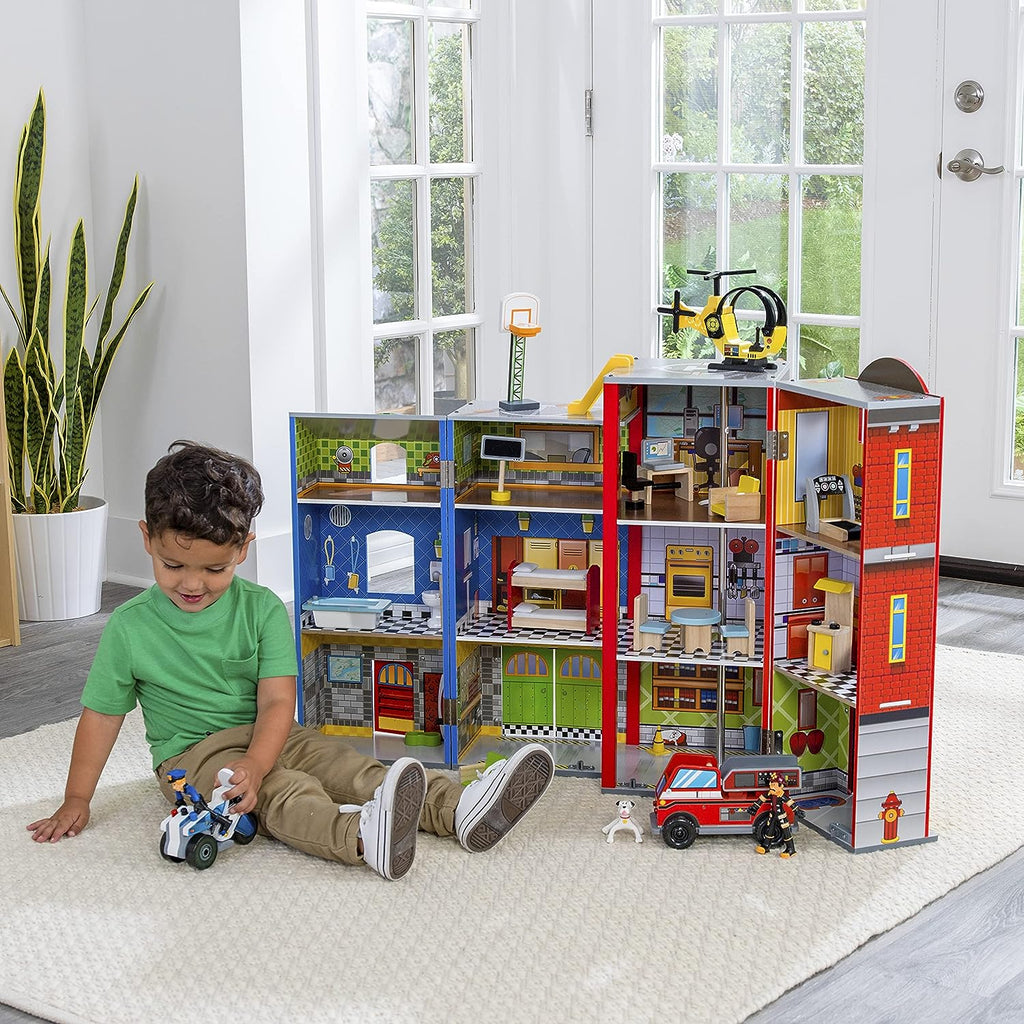 Wooden Kids Play Set, 3-Level Playset with 26 Accessories, Foldable Design for Easy Storage, Indoor Activity Toy