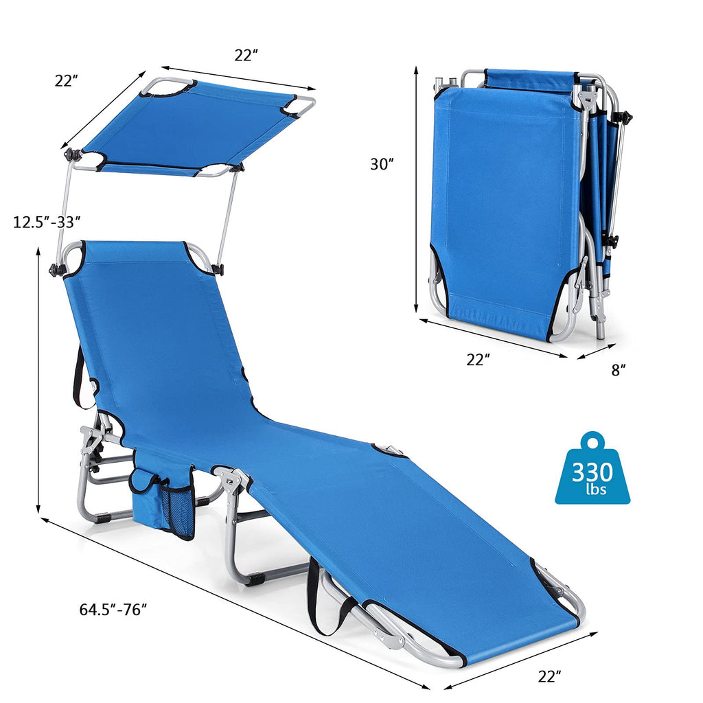 Folding Lounge Chair with Canopy – Shade Chair with Storage Pocket