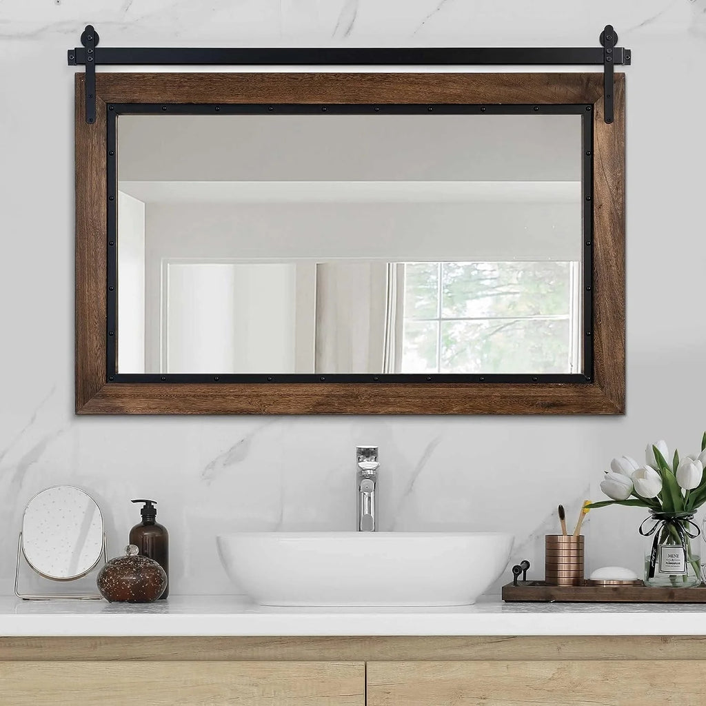 Farmhouse Barn Door Style Bathroom Vanity Mirror, Natural Wood Wall Mirror for Bathroom, Bedroom and Entryway
